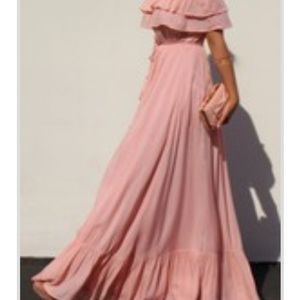 Pink off the shoulder ruffled Maxi dress with belt